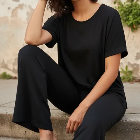 Conjunto 2 Pzs Remera Y Palazo Mujer Casual Básico Negro Liso Unico