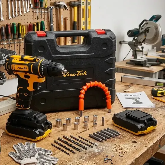 Taladros Electricos Destornilladores Inalambricos 2 Baterias De 21v 24 Piezas Incluye Valija Guantes Newtek Percutores