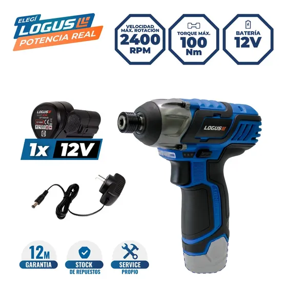 Llave De Impacto Inalámbrica Logus 12V 100Nm Con Batería Y Luz Led