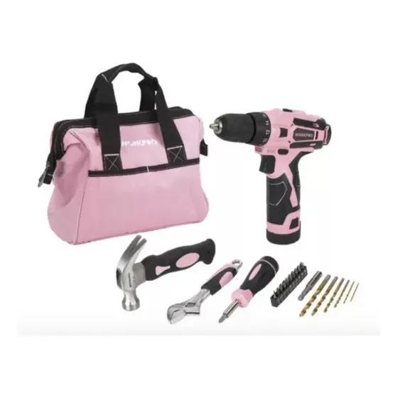 Juego De Herramientas Rosas WORKPRO Con Taladro Inalámbrico 12V Bolso Kit Manuales Mechas Puntas Martillo Llave WP206816