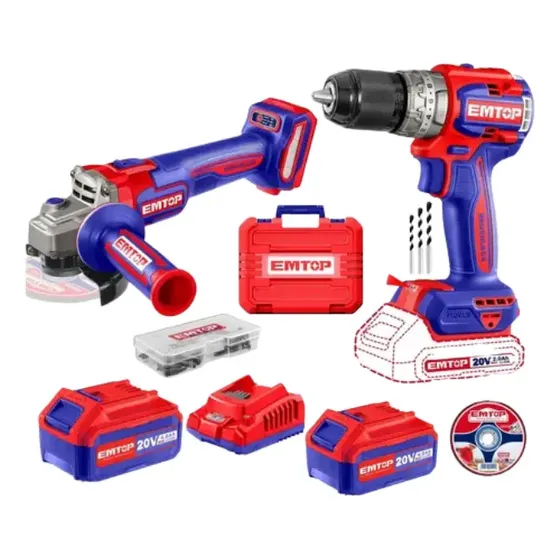 Combo Taladro Percutor Atornillador y Amoladora Brushless Emtop 20V 2 Baterías