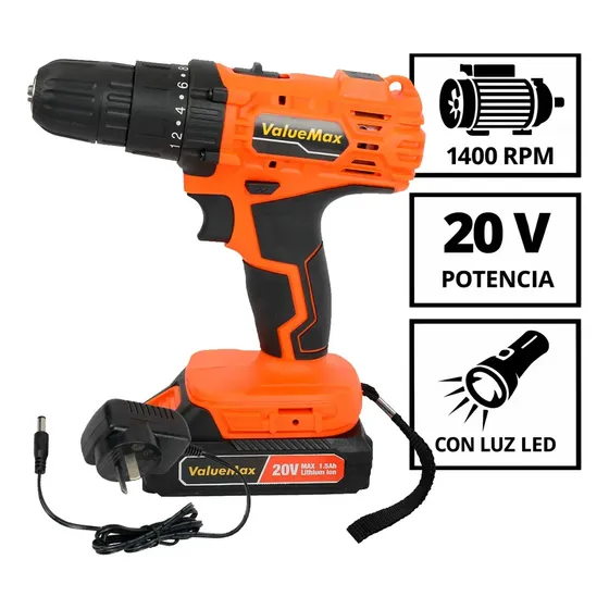 Taladro Atornillador Inalámbrico 20 V Valuemax V122019ARG Mandril 10mm Autostop + Bateria y Cargador