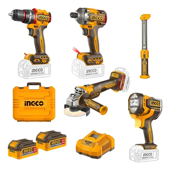 Set Taladro Amoladora Llave De Impacto Linterna 20v Ingco