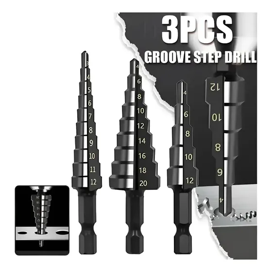 Juego De 3 Brocas Escalonadas Hss Titanio Para Metal Negro