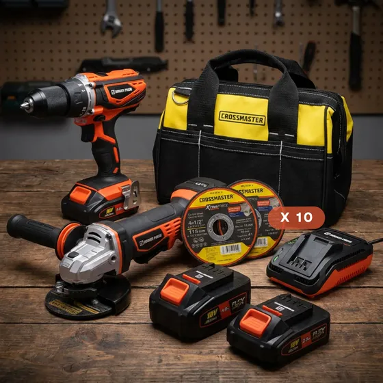 Combo Taladro Percutor + Amoladora 2 Baterías Bolso 10discos