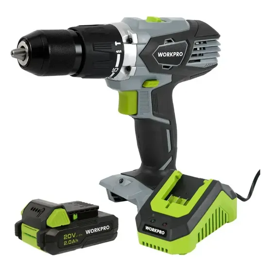 Taladro Percutor Inalambrico WORKPRO 20V Mandril 13mm Metálico 2 Velocidades Bateria 2Ah Litio Y Cargador Rapido PROFESIONAL W125121NT
