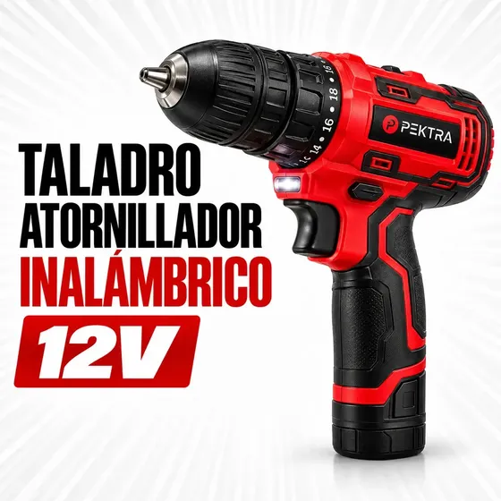 Pektra PKCD1210CK Taladro Atornillador Inalambrico 12v con Bateria y Accesorios Color Rojo
