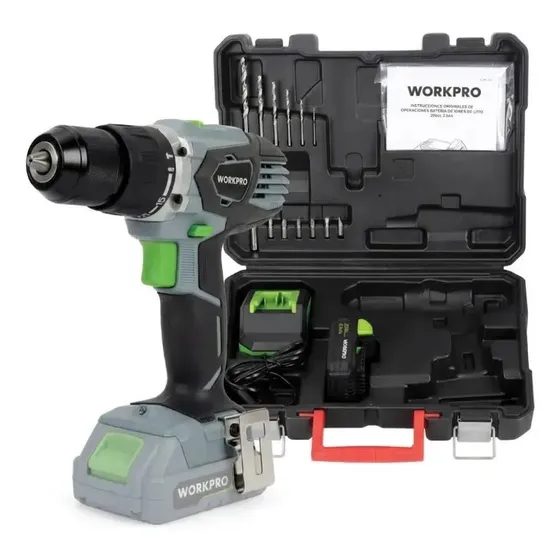 Taladro Atornillador Inalambrico WORKPRO 20V Set Bateria 2Ah Cargador Maletin Valija 13 Accesorios Mechas Puntas Prolongador Mandril 13mm 60Nm 2 Velocidades Reversible Luz LED Taller PREMIUM W004607NT