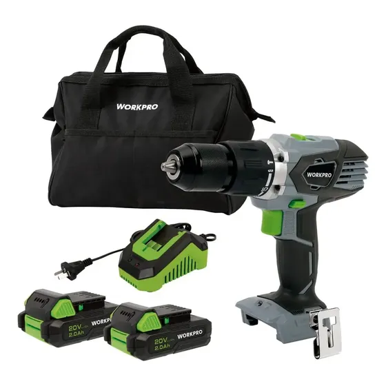 Taladro Percutor Inalambrico WORKPRO 20V Atornillador 13mm 60Nm 2 Baterias 2.0Ah Cargador Bolso De Lona 2 Velocidades Luz LED Mandril Metalico PROFESIONAL W004593NT