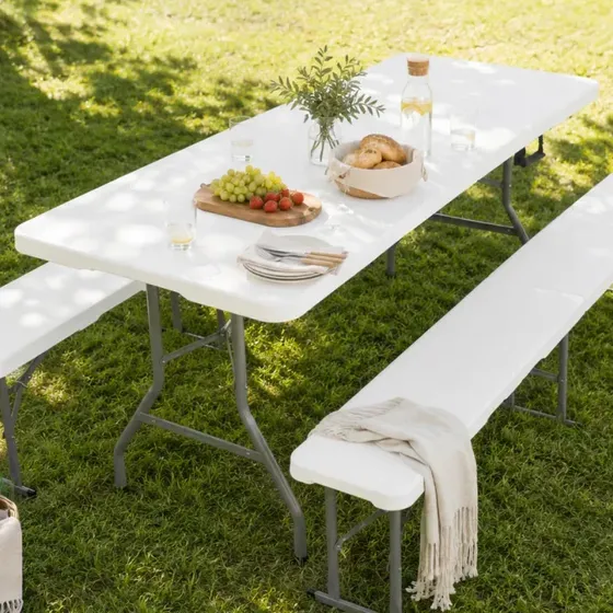 Mesa Plegable Picnic 180X74 Blanco + 2 Bancos Plegables De Jardin Gardenlife