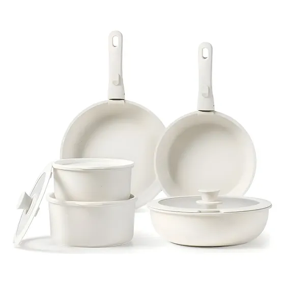 Bateria Ollas Sartenes Wok Cocina Carote Juego 11 Piezas Blanco Antiadherente Mango Desmontable