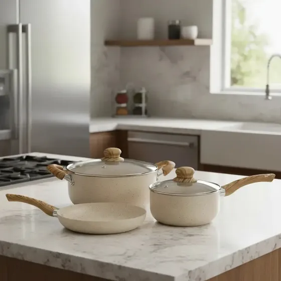 Batería Cocina Fary Home 5 Piezas Antiadherente Crema Vidrio