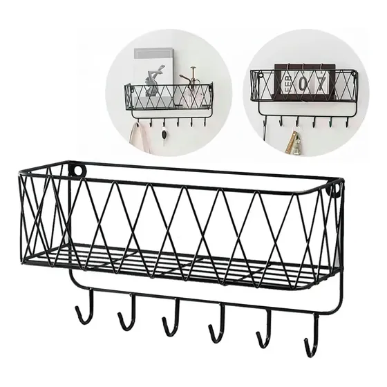 Porta Llave Cartas Repisa Pared Organizador Metal Ganchos Negro