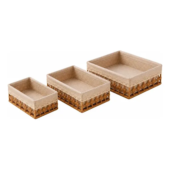 3 Canasta Bandeja Mimbre Yute Forrado Tela Baja Marrón