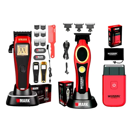 Kit Wmark Clipper Pantalla Led + Trimmer + Shaver 8800 Rpm Rojo
