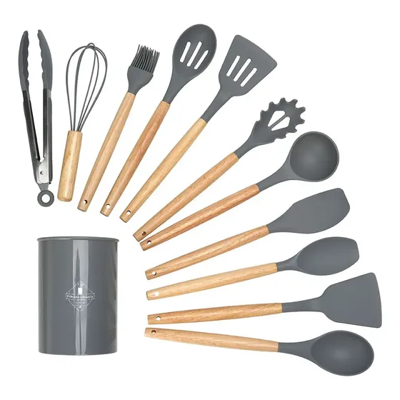 Set X12 Utensilios De Cocina Mango Madera Punta Silicona Gri