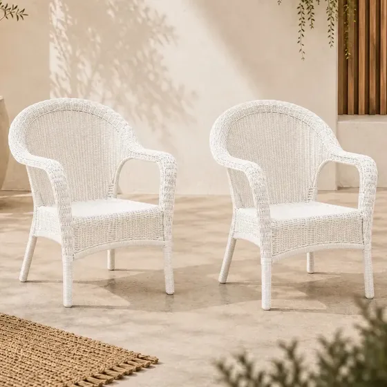 Sillon Exterior Plastico Jardin Qatar X2 Apilable Simil Rattan Gardenlife Color Blanco