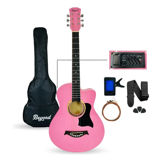 Guitarra Electroacustica Beyond Para Diestro Con Accesorios Color Rosa