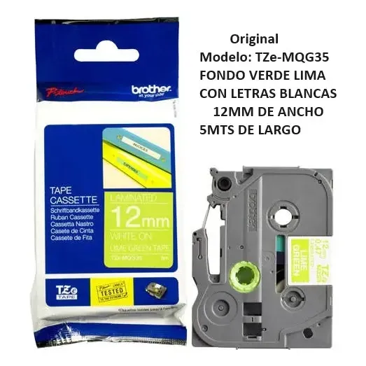Cinta laminada Brother Original Blanco En Verde Lima Mate Tze-mqg35 Rotuladora