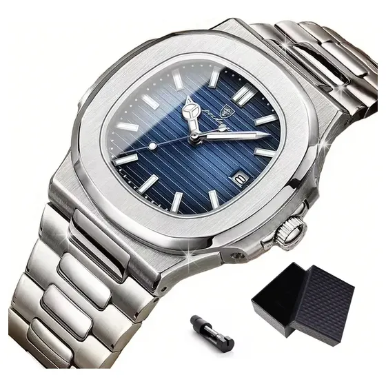 Reloj Pulsera Poedagar Analógico Con Calendario Hombre Plateado Azul