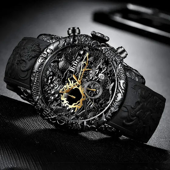 Reloj Hombre Cronógrafo Dragón 3d Correa De Silicona 50mm