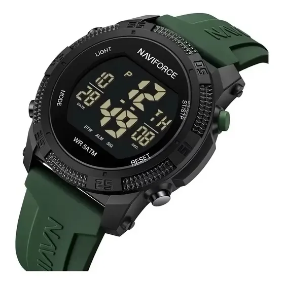 Reloj Naviforce 7104 para hombre, digital, con correa verde musgo, bisel negro y fondo azul