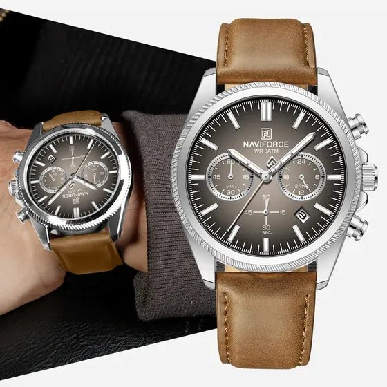 Naviforce Hombre Retro Militar Cuero Genuino Cuarzo Reloj