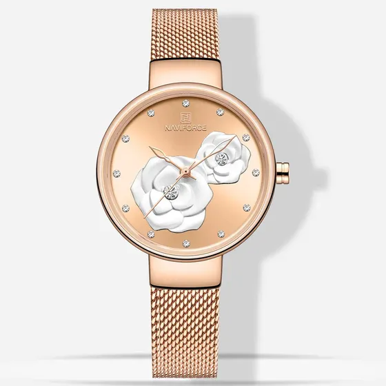 Naviforc Luxo Moda Diseño De Flores Malla Cuarzo Reloj Mujer