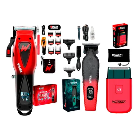 Kit Wmark Clipper C/pantalla Led + Trimmer 6500 Rpm + Shaver Rojo