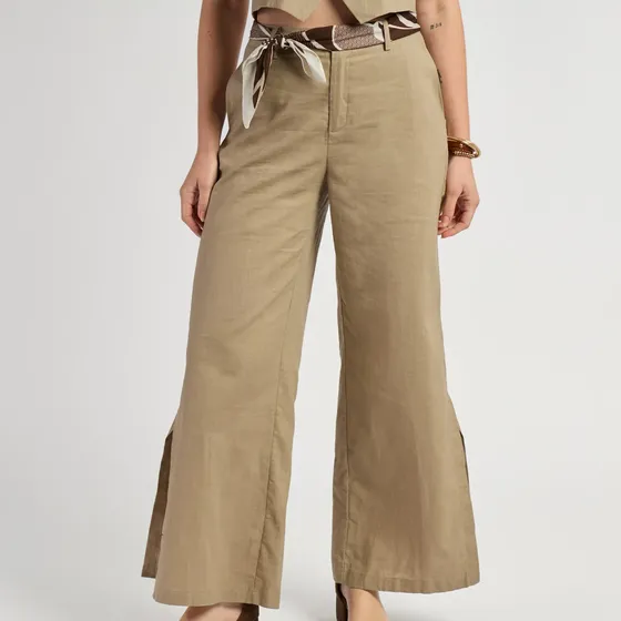 Pantalón Mujer Kevingston Lin Lino Wide Leg Liso Beige Claro