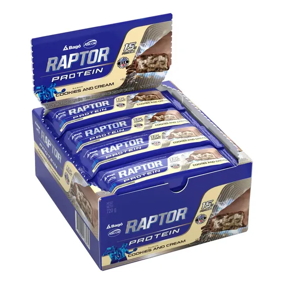 Proteína Raptor en barra de cereales sabor Cookies and cream x 720g 16 packs de 12 un