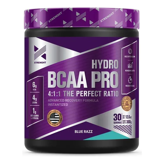 BCAA Xtrenght Hydro Pro en Polvo con Beta Alanina y Citrulina, Sabor Blue Razz de 360g