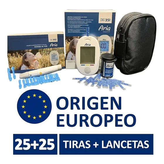 Kit Glucometro Medidor Glucosa Europeo Aria + Tiras Y Agujas