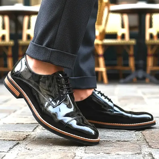 Zapatos Hombre En Punta, Combinado Con Charol, Acordonado