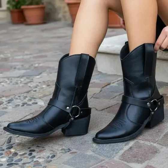 Bota Texana Mujer Taco Medio Estribo Cuero Ecológico Urbana