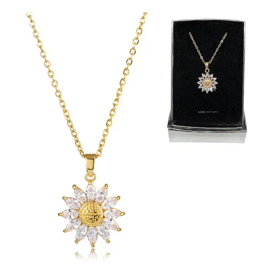 Collar Girasol Baño Oro 18k + Estuche De Regalo Dorado