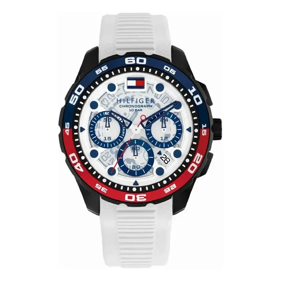 Reloj Tommy Hilfiger Cronógrafo 44mm Th-regatta Th1792263 Vg, Esfera Blanca, Bisel Azul Y Rojo, Correa De Silicona Blanca