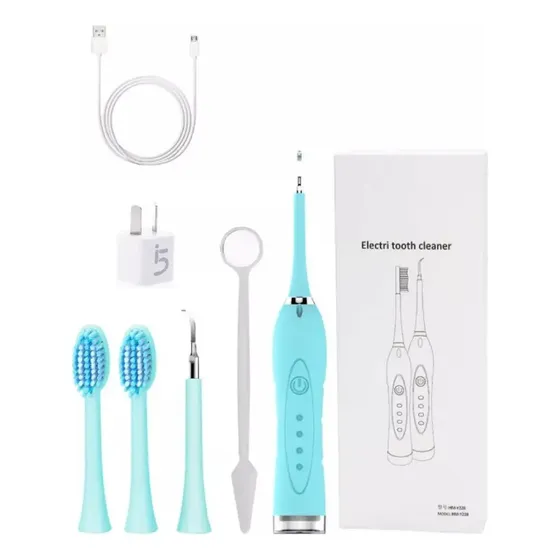 Removedor De Placa Sarro + Cepillo De Dientes Electico Usb Color Celeste 2 cabezales de cerda mas 2 removedor y 1 espejo