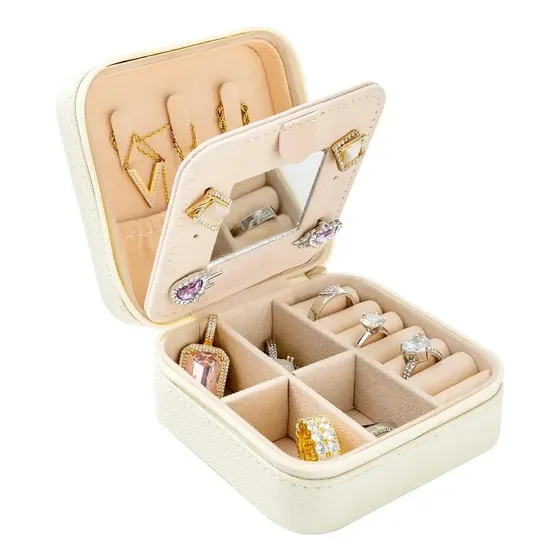 Alhajero Joyero Organizador Joyas Crema De Viaje Con Espejo | Porta Anillos Aros Collares Bijou Estuche Cierre Compacto Mujer | Anillos Aros Pulseras Levys Bazar