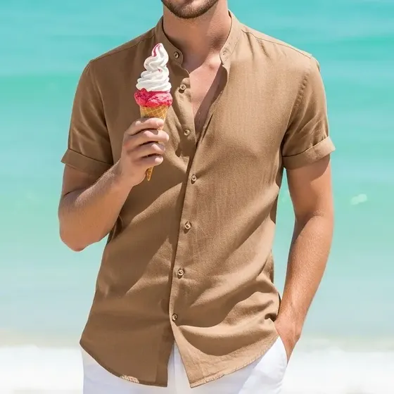 Camisa De Lino Manga Corta Cuello Mao Hombre Verano Oferta
