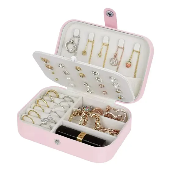 Alhajero Organizador de Joyas Estuche Joyero Negro Para Anillos, Aros, Collares y Bijouterie Compacto y Elegante Levys Bazar Color Rosa