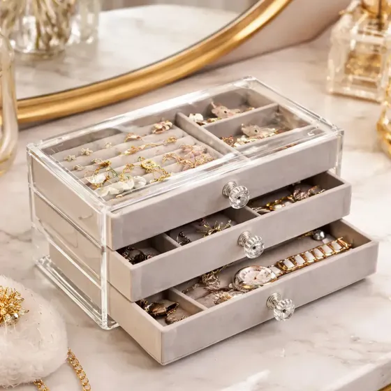 Alhajero Joyero Organizador Mtl Joyeria Cuero Pu Gris 3 Cajones Compartimentos Estuche Amplio Guardado Anillos Collares Pulseras Relojes Aros Dijes Cadenas