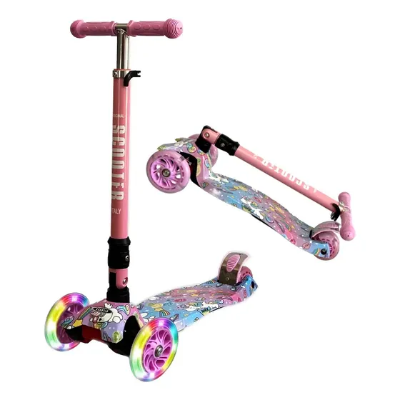 Monopatin Infantil Graffiti 3 Ruedas Marca Scooter Italy Original Plegable Flip Con Luces Reforzado Unicornios Rosa