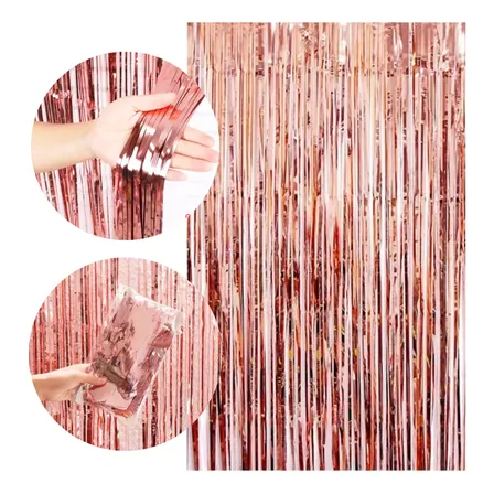 Pack X2 Cortinas Metalizadas 180 X 90 Cm Deco Cumpleaños Rosa Gold