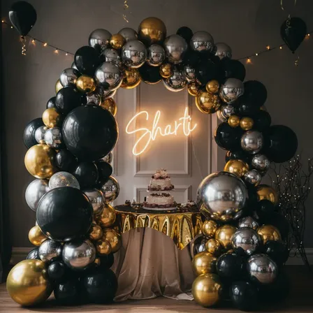 Set Combo De Globos Látex 100/130 Completo Arco Cromados Negro Dorado Plata