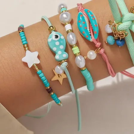 Set Pulseras Dijes Marinas X5 Mujer Azul Claro