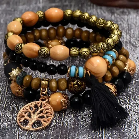 Set 4 Pulseras Boho Cuentas Madera Árbol Vida Negro