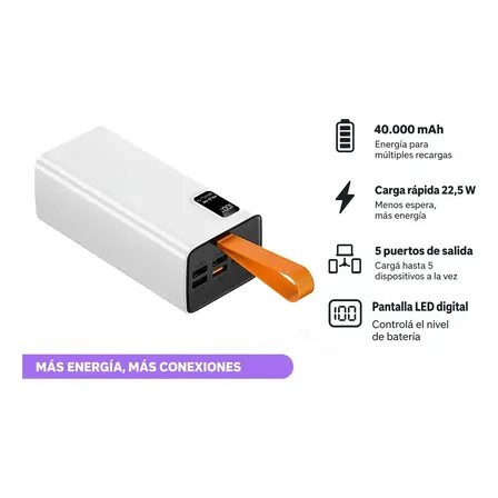 Power Bank 40000mah Carga Rapida 22.5W 5 Puertos USB-C Carrello CA-38 Blanco