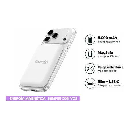 Power Bank Cargador Portátil Carrello Q501 5000mah Magsafe Para Iphone Inalámbrico Carga Rápida Slim Usb-c Blanco