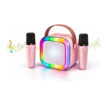 Maquina Karaoke Cuadrado Portátil 2 Microfonos Parlante Rgb Rosa Veoquiero